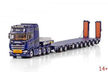 01-4145 Масштабная модель Низкорамный трал SCANIA S HIGHLINE CS20H ​​8X4 NOOTEBOOM MANOOVR С 2-ОСНОЙ ТЕЛЕЖКОЙ - 7-ОСНОЙ С ПАНДУСАМИ в масштабе 1:50