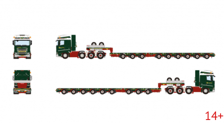 01-5551 Масштабная модель Низкорамный трал SCANIA R HIGHLINE CR20H 8X4 в масштабе 1 50