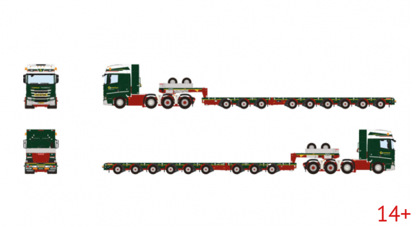 01-5551 Масштабная модель Низкорамный трал SCANIA R HIGHLINE CR20H 8X4 в масштабе 1 50
