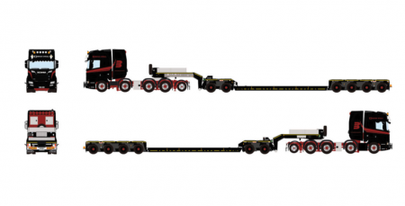 01-5306 Масштабная модель Низкорамный трал Spesialtransport; SCANIA R HIGHLINE CR20H 8X4 в масштабе 1 50